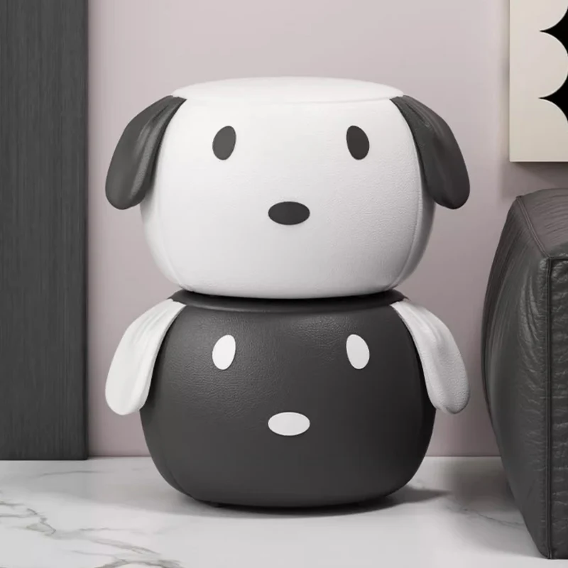 Contemporary Creative Oil Wax Leather Solid Wood Stainless Steel Dog-Shaped Round Movable Low Stool For Living Room