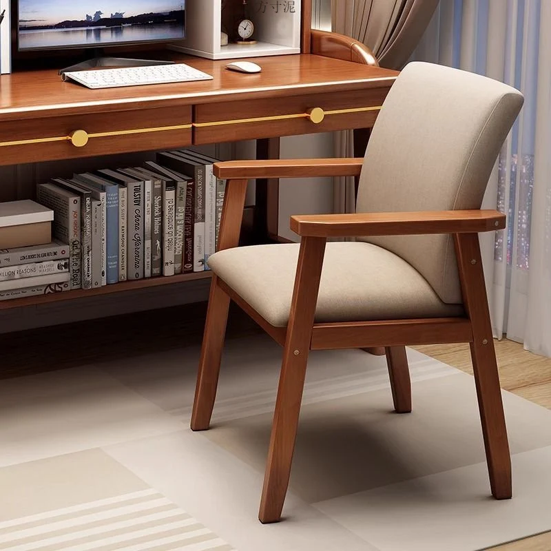 Contemporary Scandinavian Cotton Linen Rubberwood Tilted Rounded Square Desk Chair With Backrest & Armrest For Home Office