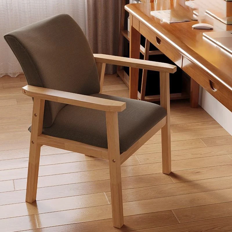 Contemporary Scandinavian Cotton Linen Rubberwood Tilted Rounded Square Desk Chair With Backrest & Armrest For Home Office