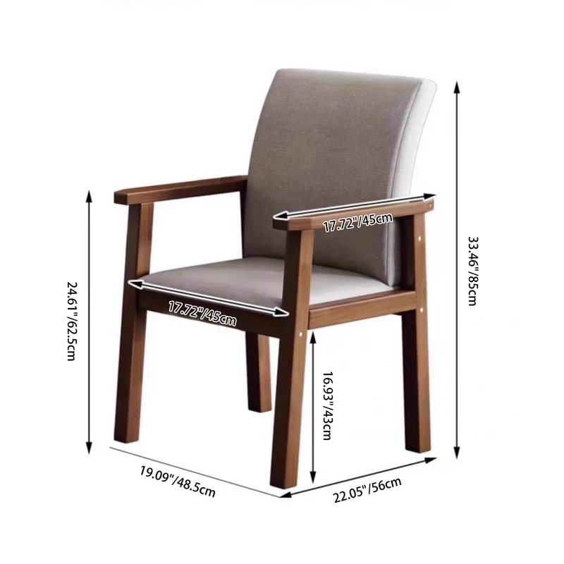 Contemporary Scandinavian Cotton Linen Rubberwood Tilted Rounded Square Desk Chair With Backrest & Armrest For Home Office