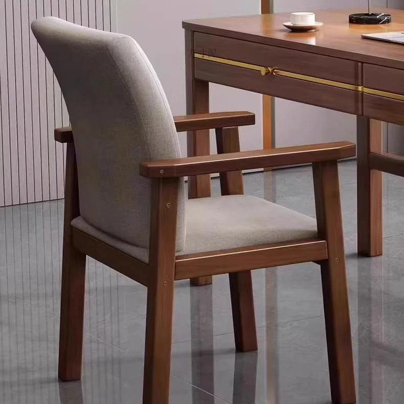 Contemporary Scandinavian Cotton Linen Rubberwood Tilted Rounded Square Desk Chair With Backrest & Armrest For Home Office