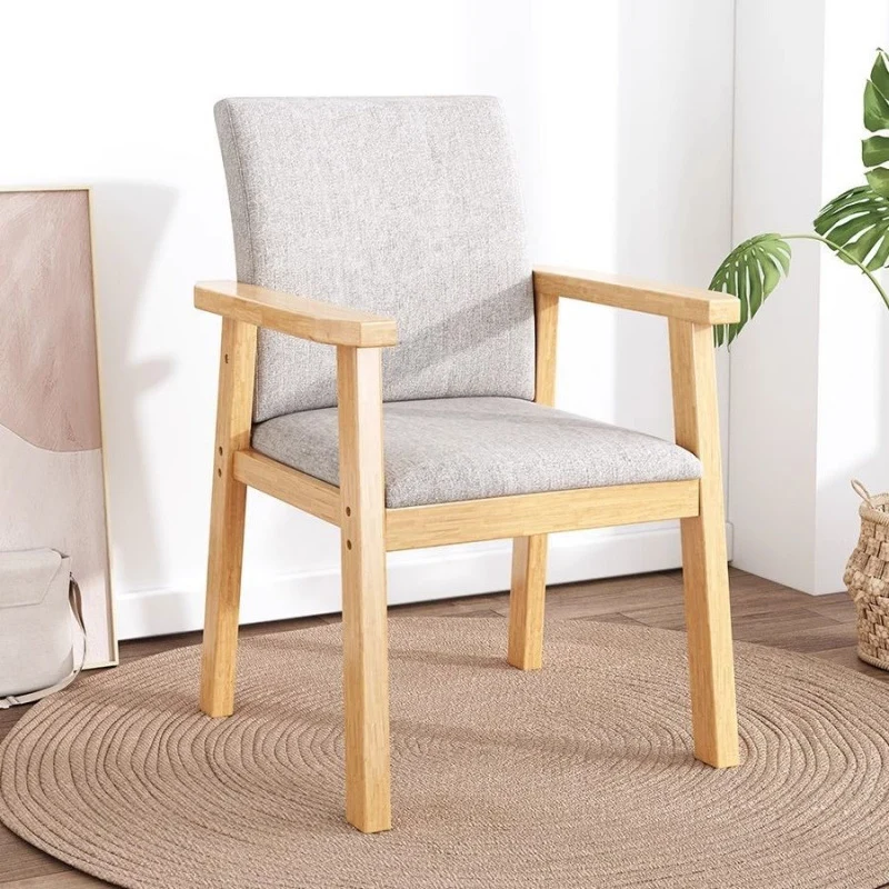Contemporary Scandinavian Cotton Linen Rubberwood Tilted Rounded Square Desk Chair With Backrest & Armrest For Home Office
