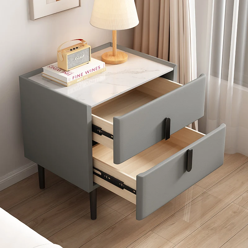 Contemporary Scandinavian Sintered Stone Microfiber Leather Carbon Steel Pine Rounded Square Nightstand 2-Drawer For Bedroom