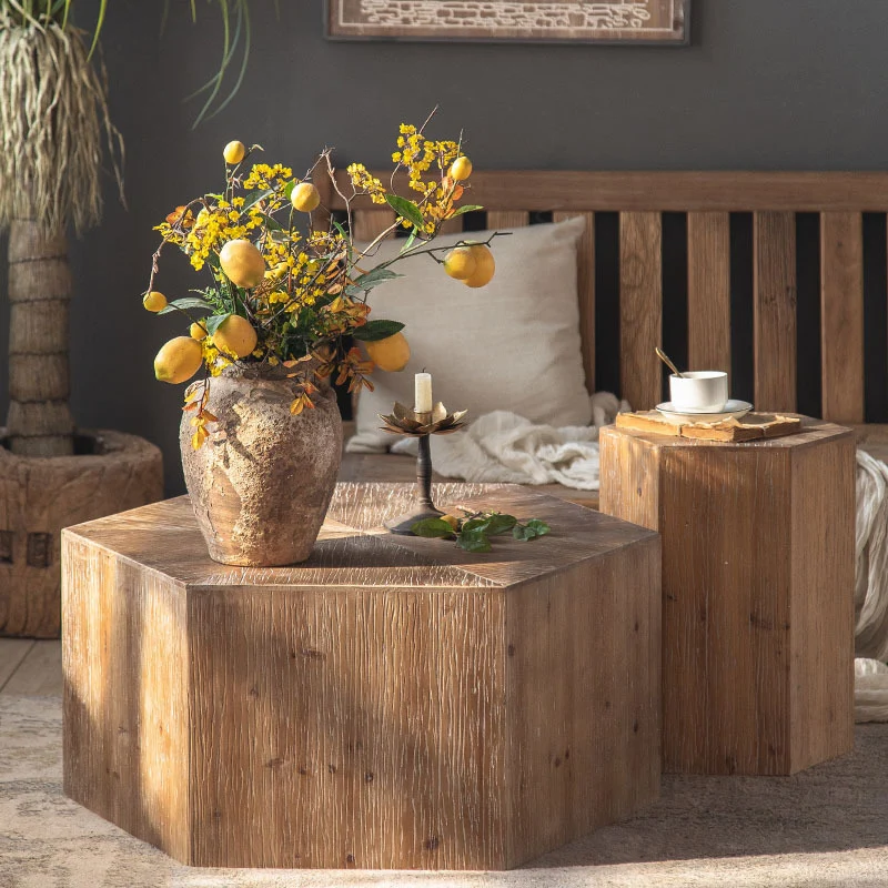 Traditional Vintage Hexagonal Cedar Wood End Table With Non-Slip Feet Medium Density Fiberboard Base For Living Room
