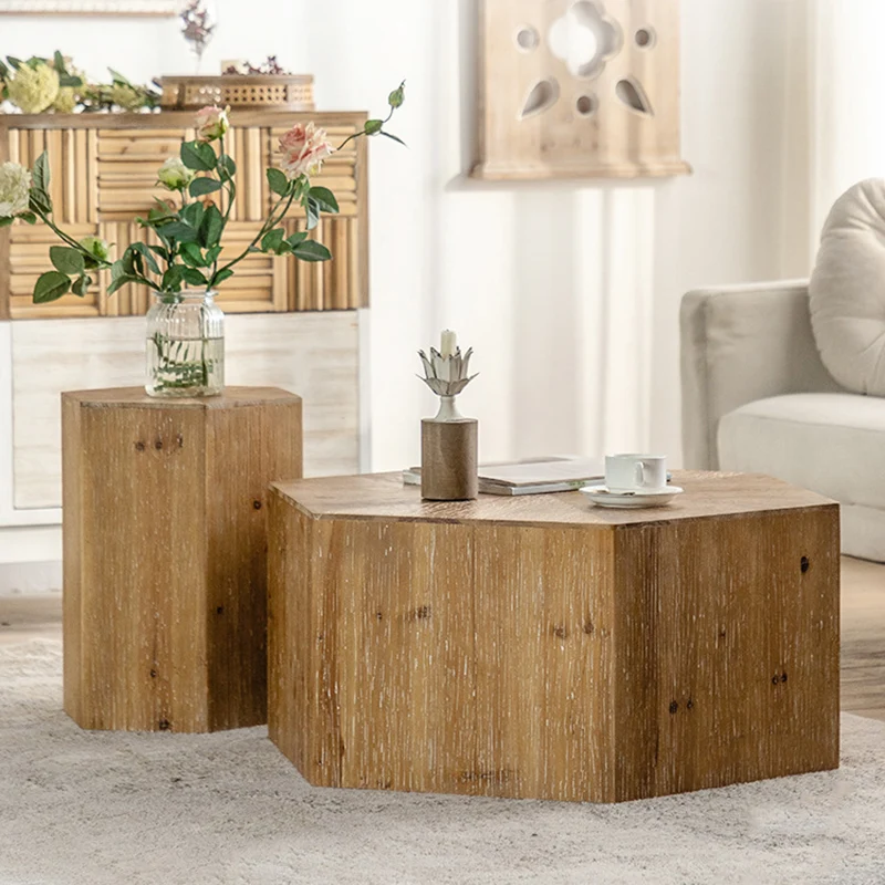 Traditional Vintage Hexagonal Cedar Wood End Table With Non-Slip Feet Medium Density Fiberboard Base For Living Room