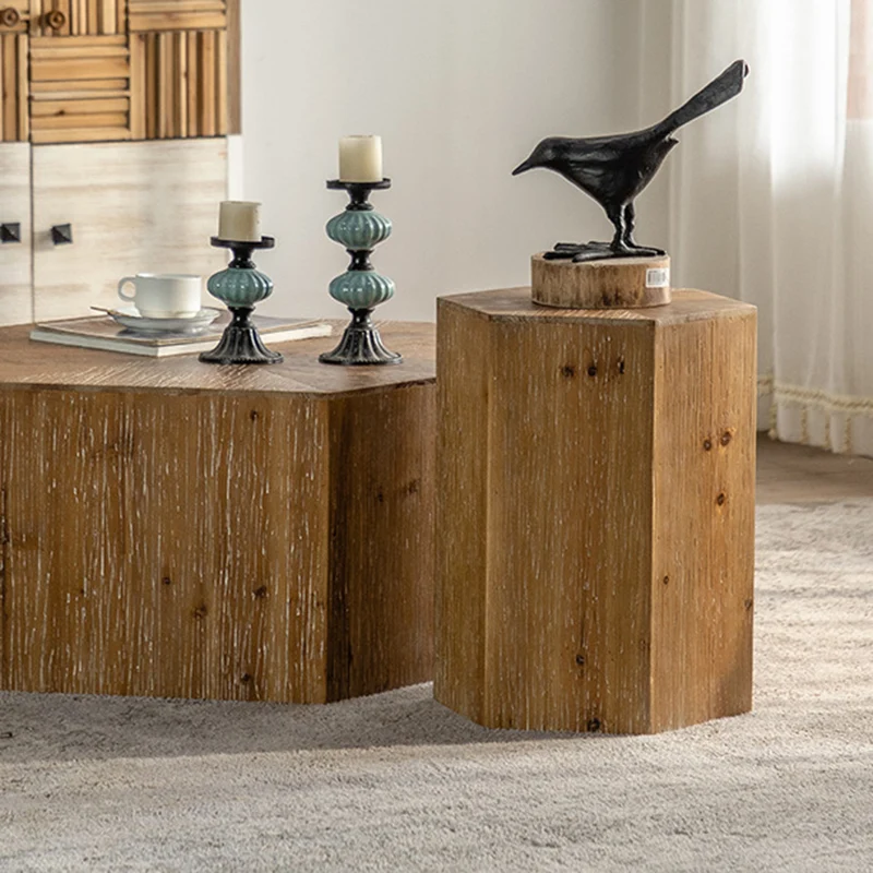 Traditional Vintage Hexagonal Cedar Wood End Table With Non-Slip Feet Medium Density Fiberboard Base For Living Room