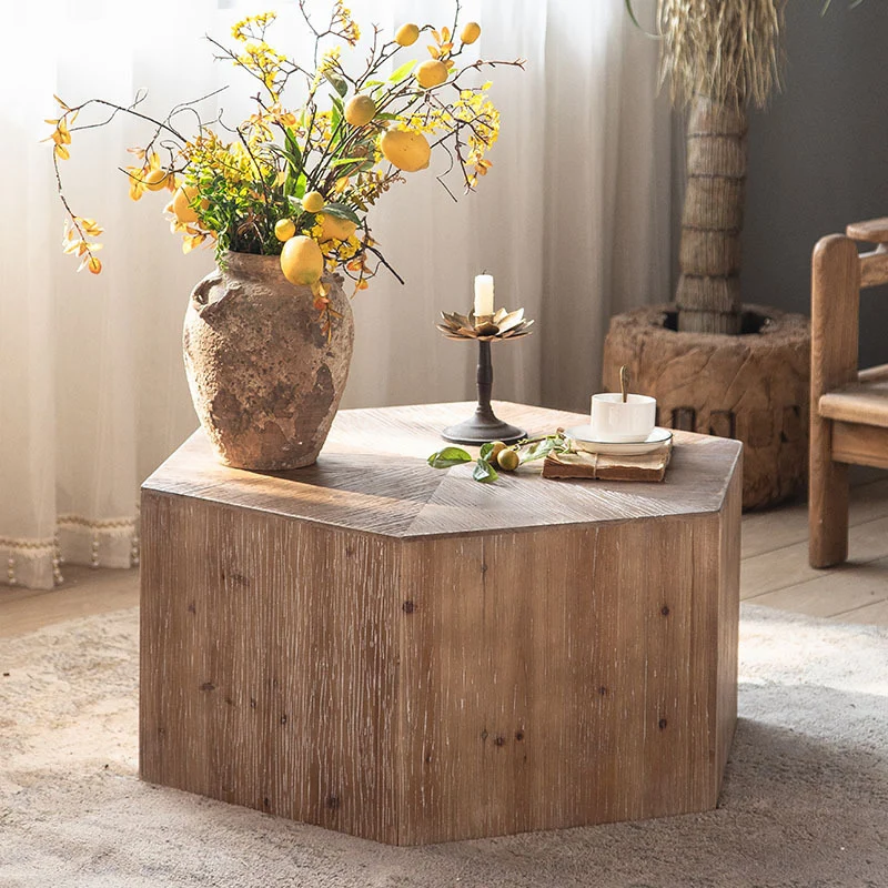 Traditional Vintage Hexagonal Cedar Wood End Table With Non-Slip Feet Medium Density Fiberboard Base For Living Room
