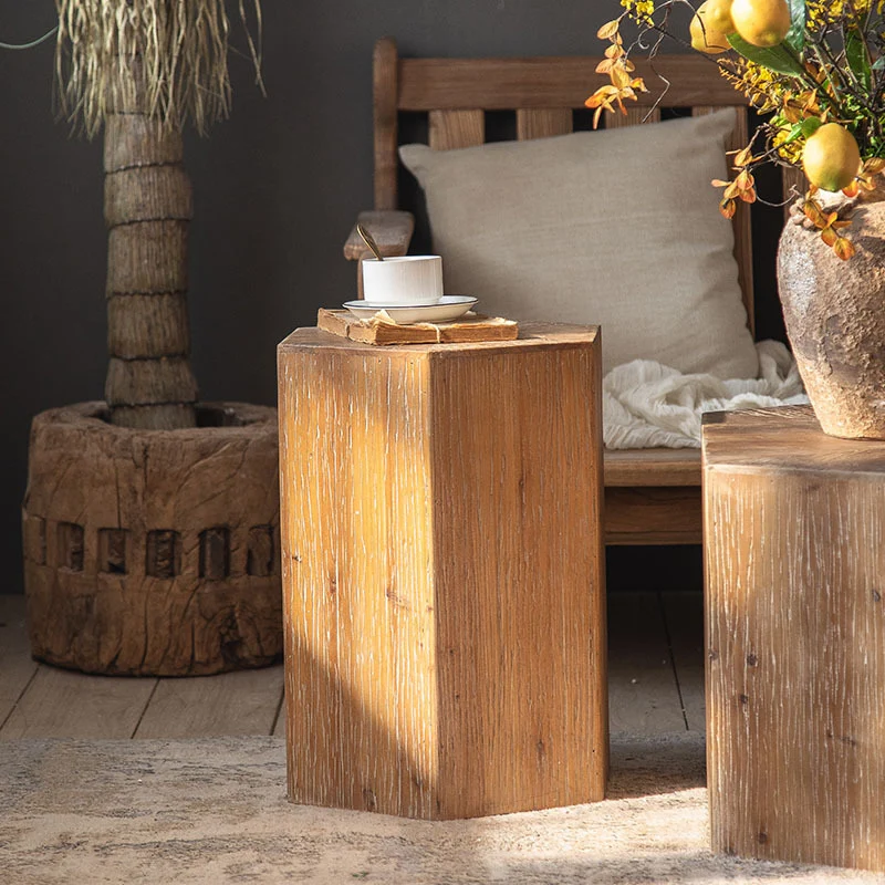 Traditional Vintage Hexagonal Cedar Wood End Table With Non-Slip Feet Medium Density Fiberboard Base For Living Room