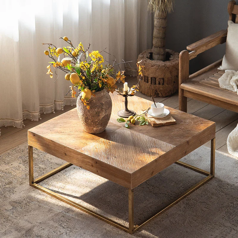 Traditional Vintage Round Square Solid Wood Iron Medium-Density Fiberboard End Table For Living Room