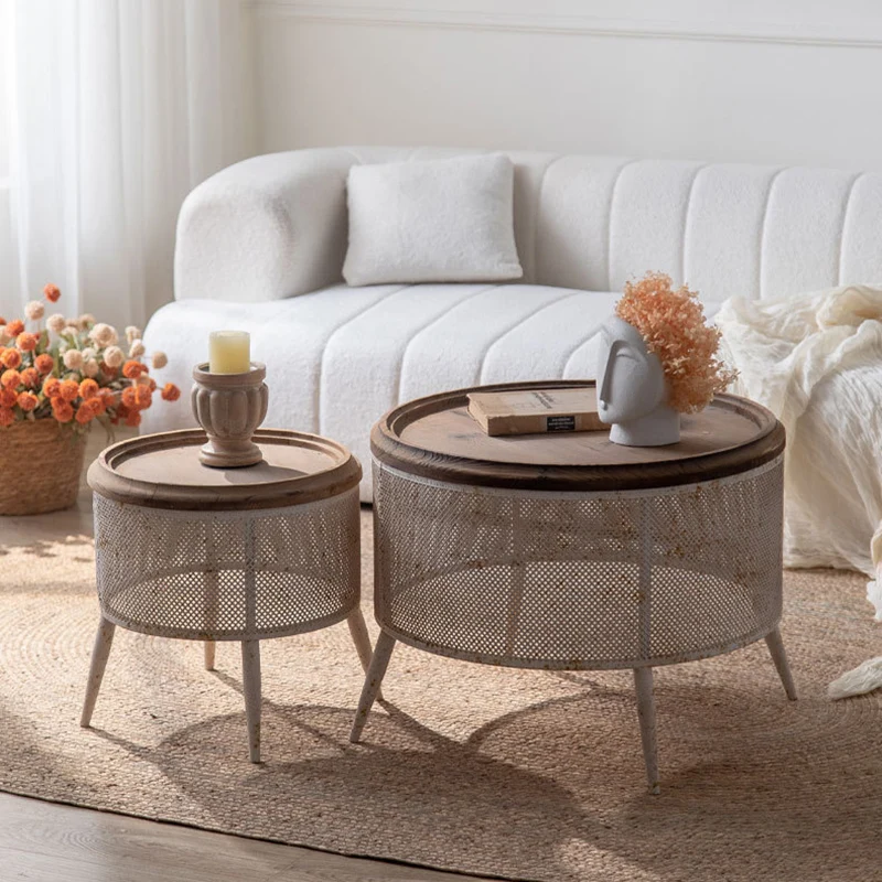 Traditional Vintage Round Pine Wood Iron Openwork End Table 4-Leg Non-Slip Pads For Living Room