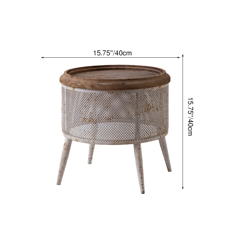 Traditional Vintage Round Pine Wood Iron Openwork End Table 4-Leg Non-Slip Pads For Living Room