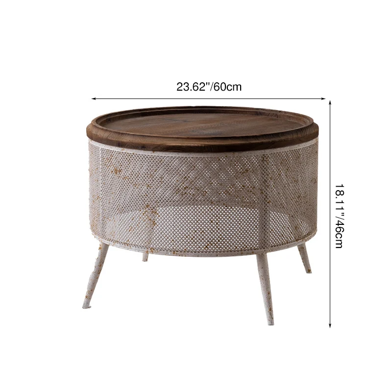 Traditional Vintage Round Pine Wood Iron Openwork End Table 4-Leg Non-Slip Pads For Living Room