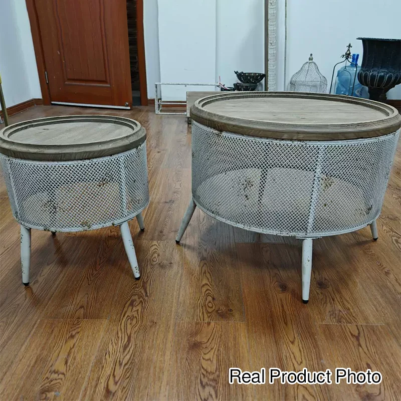 Traditional Vintage Round Pine Wood Iron Openwork End Table 4-Leg Non-Slip Pads For Living Room