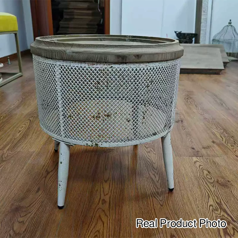 Traditional Vintage Round Pine Wood Iron Openwork End Table 4-Leg Non-Slip Pads For Living Room