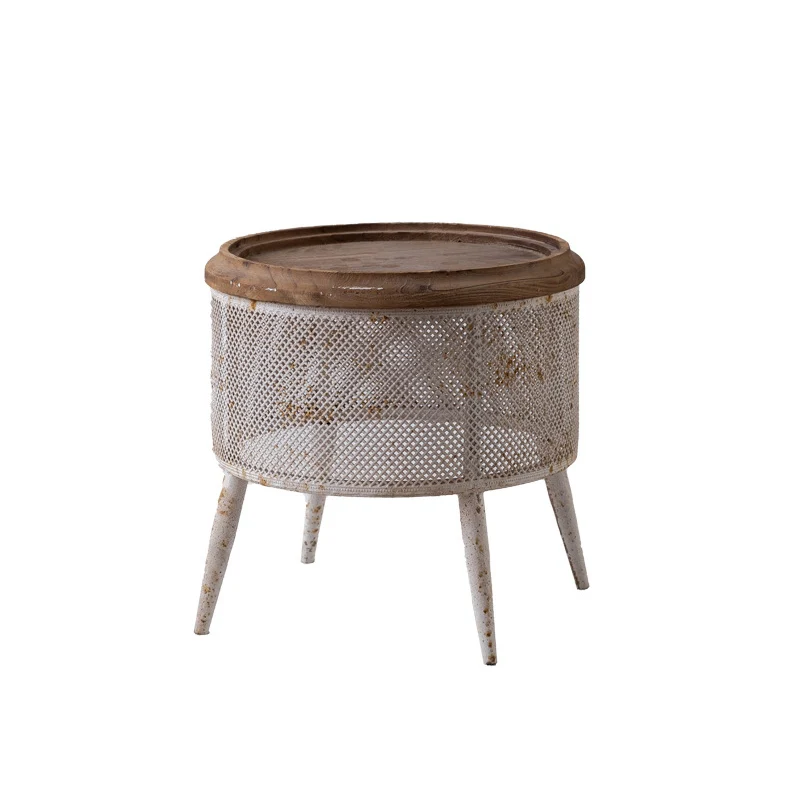 Traditional Vintage Round Pine Wood Iron Openwork End Table 4-Leg Non-Slip Pads For Living Room