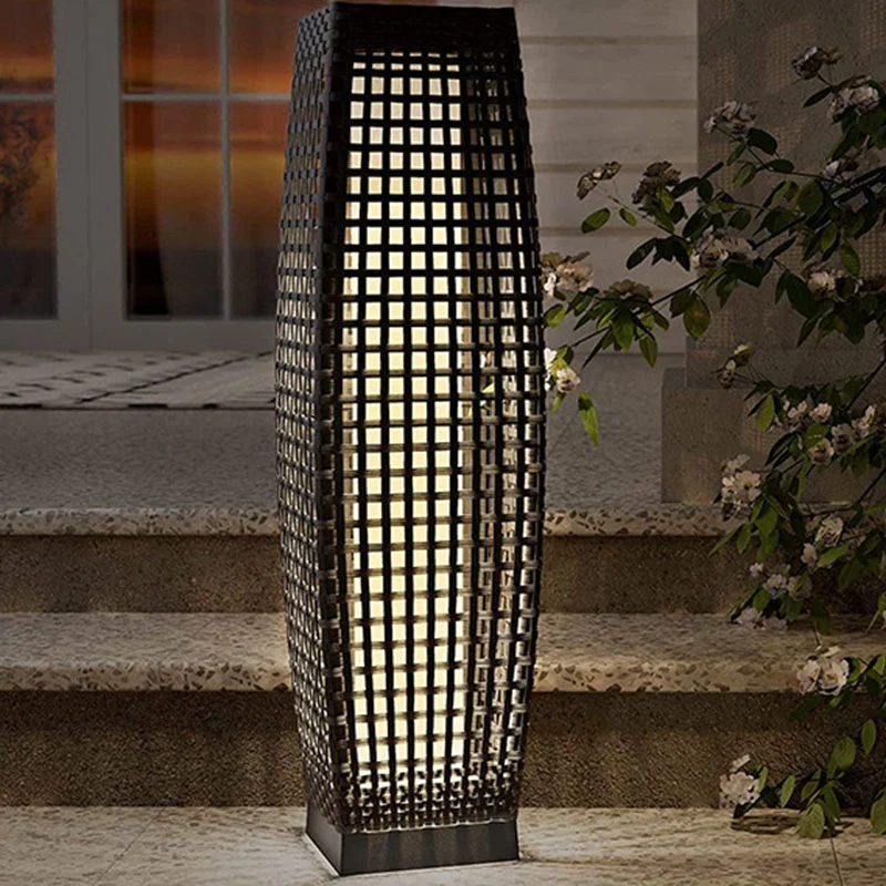 Modern Art Deco Outdoor Solar Column Hollow Projection PE Faux Rattan Hardware LED Standing Floor Lamp For Garden