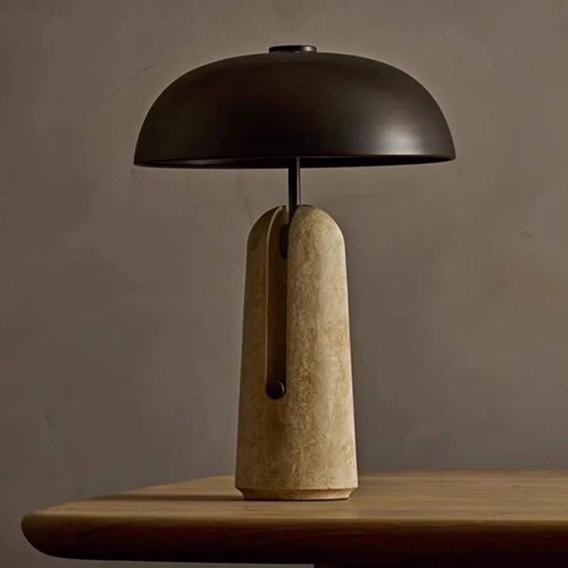 Traditional Japanese Iron Travertine Marble Mushroom 1-Light Table Lamp For Bedroom