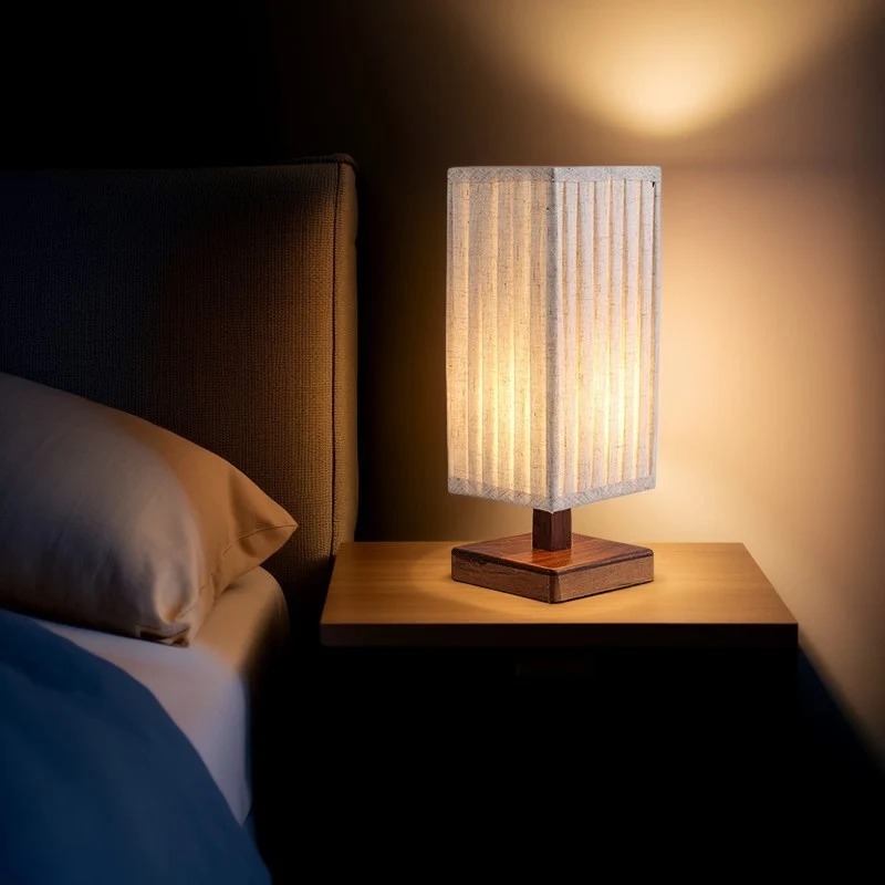 Traditional Japanese Walnut Fabric Square Column 1-Light Table Lamp For Living Room & Bedroom