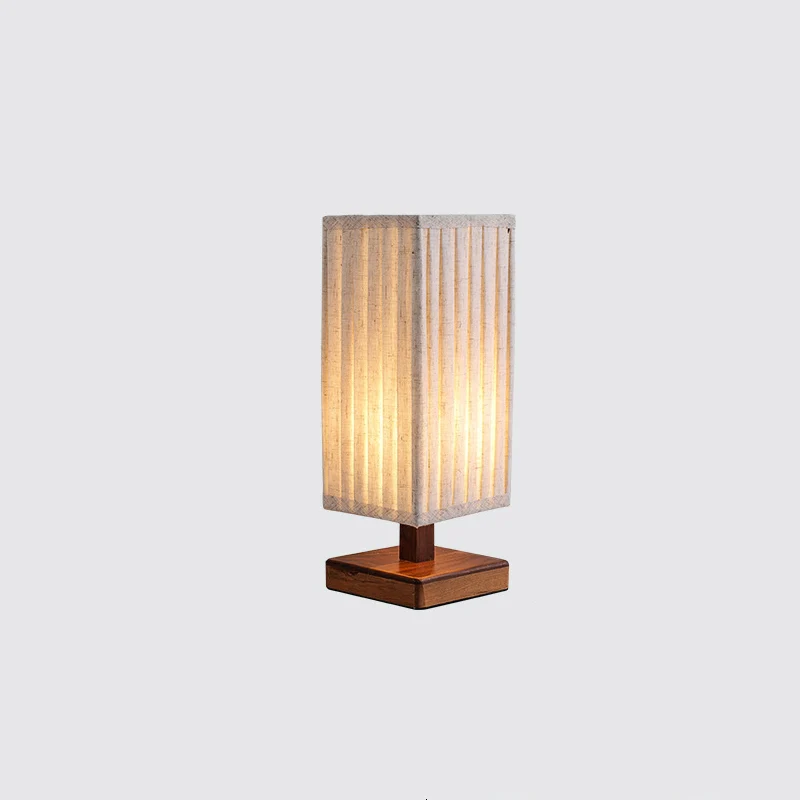Traditional Japanese Walnut Fabric Square Column 1-Light Table Lamp For Living Room & Bedroom
