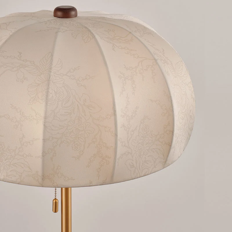 Traditional Vintage Jellyfish-Shaped Iron Ash Wood Fabric 3-Light Standing Floor Lamp For Bedroom