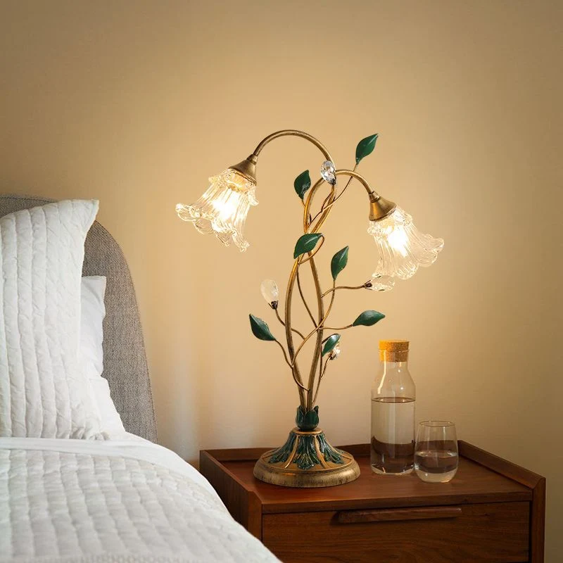Traditional Vintage Double-Headed Flower Vine Iron Crystal Glass 2-Light Table Lamp For Bedroom