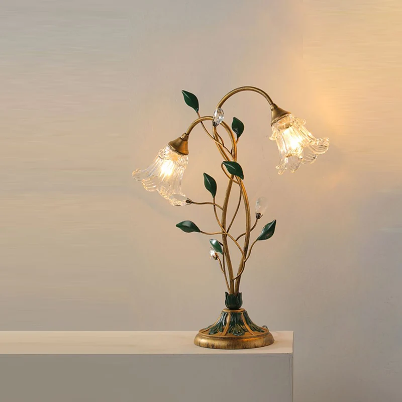 Traditional Vintage Double-Headed Flower Vine Iron Crystal Glass 2-Light Table Lamp For Bedroom