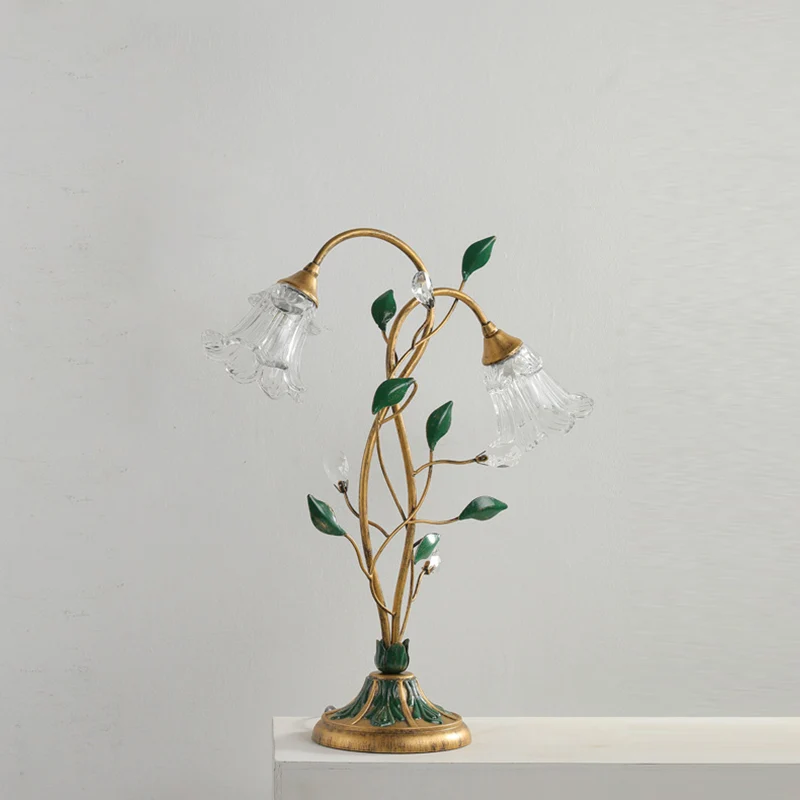 Traditional Vintage Double-Headed Flower Vine Iron Crystal Glass 2-Light Table Lamp For Bedroom