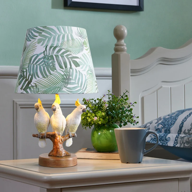 Contemporary Creative Round Bird Base Fabric Resin 1-Light Table Lamp For Bedroom