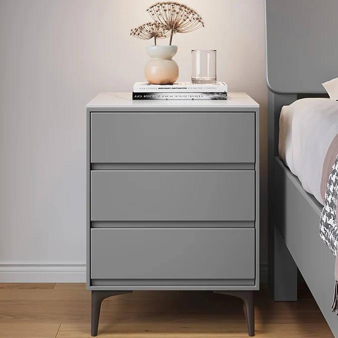 Modern Luxury Plywood Sintered Stone Carbon Steel Rectangular Nightstand With 3 Drawers For Bedroom