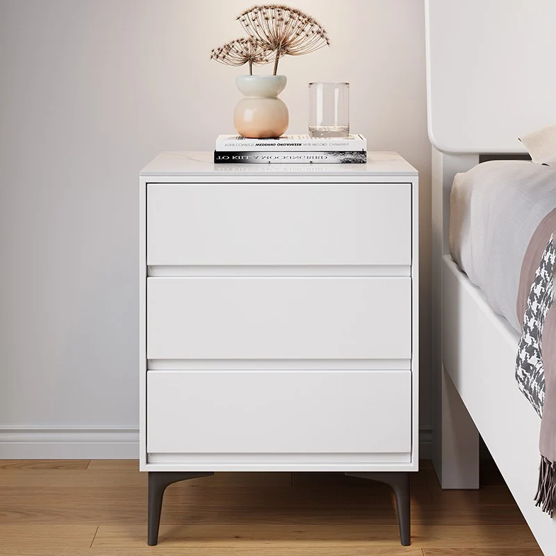 Modern Luxury Plywood Sintered Stone Carbon Steel Rectangular Nightstand With 3 Drawers For Bedroom