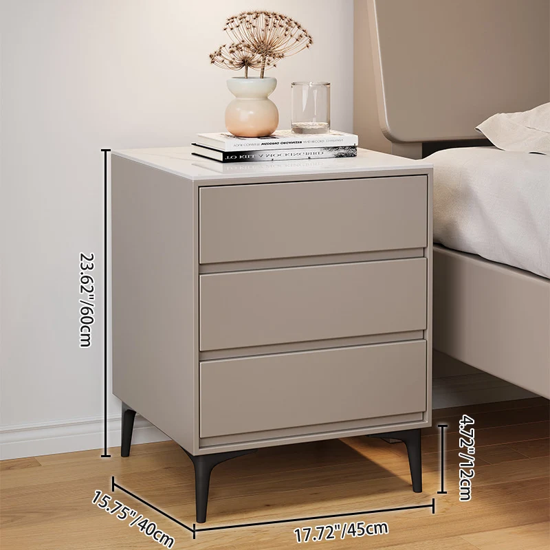 Modern Luxury Plywood Sintered Stone Carbon Steel Rectangular Nightstand With 3 Drawers For Bedroom