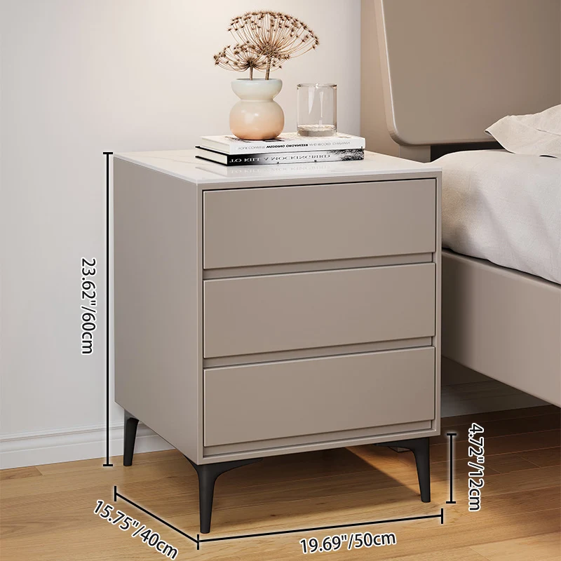 Modern Luxury Plywood Sintered Stone Carbon Steel Rectangular Nightstand With 3 Drawers For Bedroom