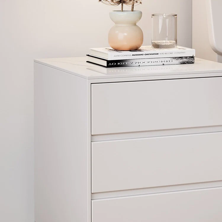 Modern Luxury Plywood Sintered Stone Carbon Steel Rectangular Nightstand With 3 Drawers For Bedroom