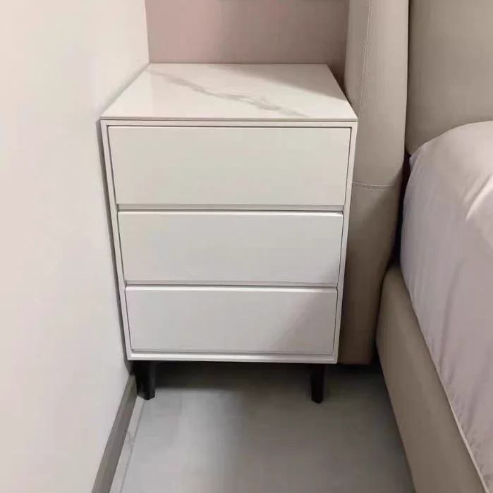 Modern Luxury Plywood Sintered Stone Carbon Steel Rectangular Nightstand With 3 Drawers For Bedroom