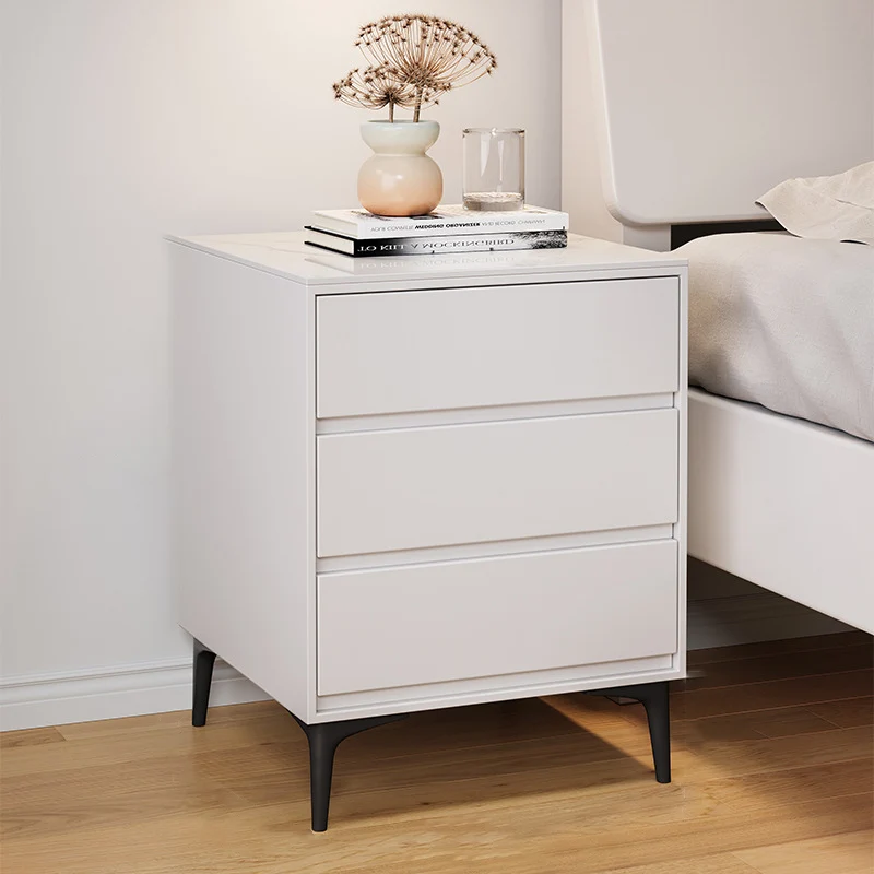 Modern Luxury Plywood Sintered Stone Carbon Steel Rectangular Nightstand With 3 Drawers For Bedroom