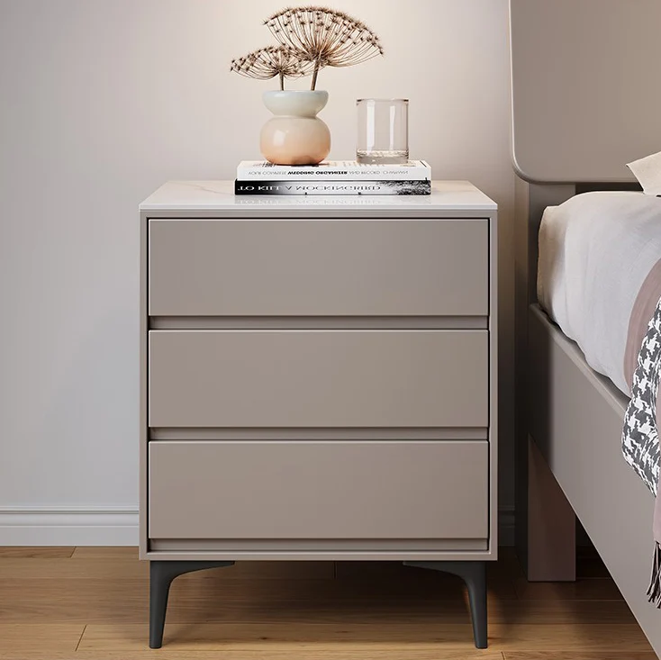 Modern Luxury Plywood Sintered Stone Carbon Steel Rectangular Nightstand With 3 Drawers For Bedroom