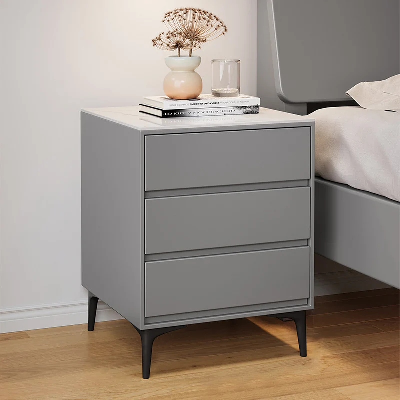 Modern Luxury Plywood Sintered Stone Carbon Steel Rectangular Nightstand With 3 Drawers For Bedroom