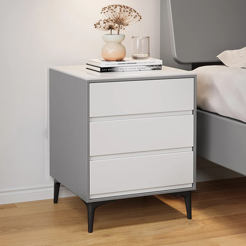 Modern Luxury Plywood Sintered Stone Carbon Steel Rectangular Nightstand With 3 Drawers For Bedroom