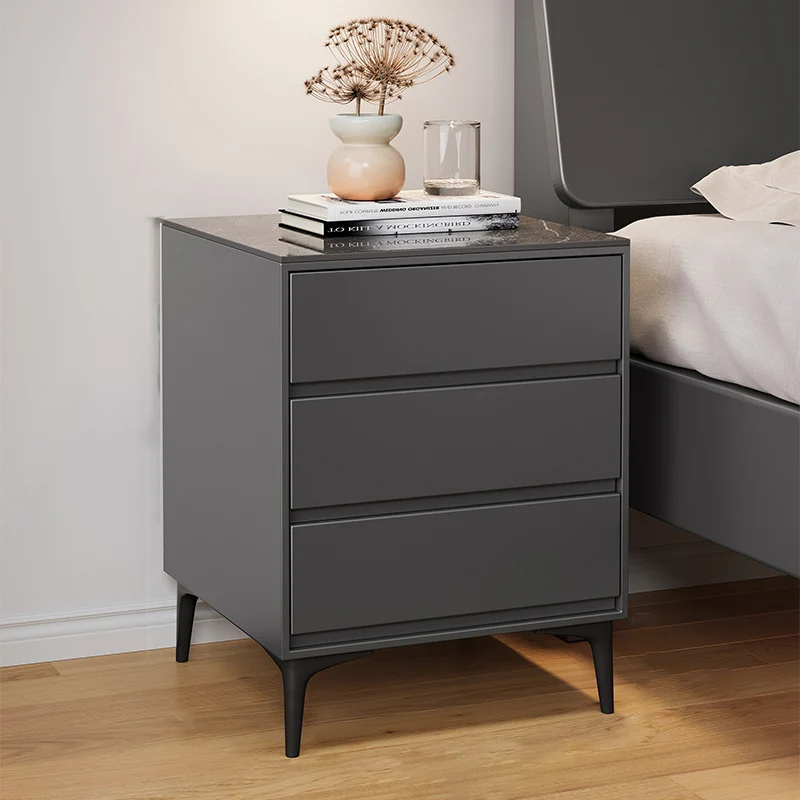 Modern Luxury Plywood Sintered Stone Carbon Steel Rectangular Nightstand With 3 Drawers For Bedroom