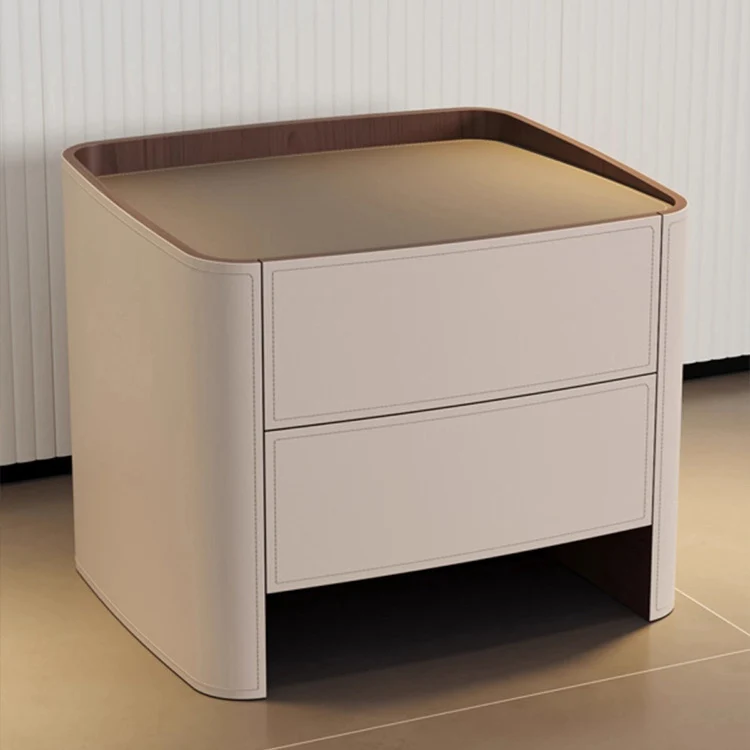 Contemporary Scandinavian Multi-Layer Plywood Saddle-Style Faux Leather Hardware Rounded Square Nightstand With 2 Drawers For Bedroom
