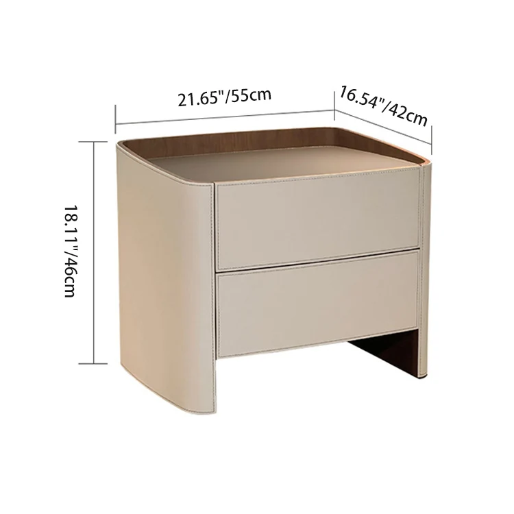 Contemporary Scandinavian Multi-Layer Plywood Saddle-Style Faux Leather Hardware Rounded Square Nightstand With 2 Drawers For Bedroom