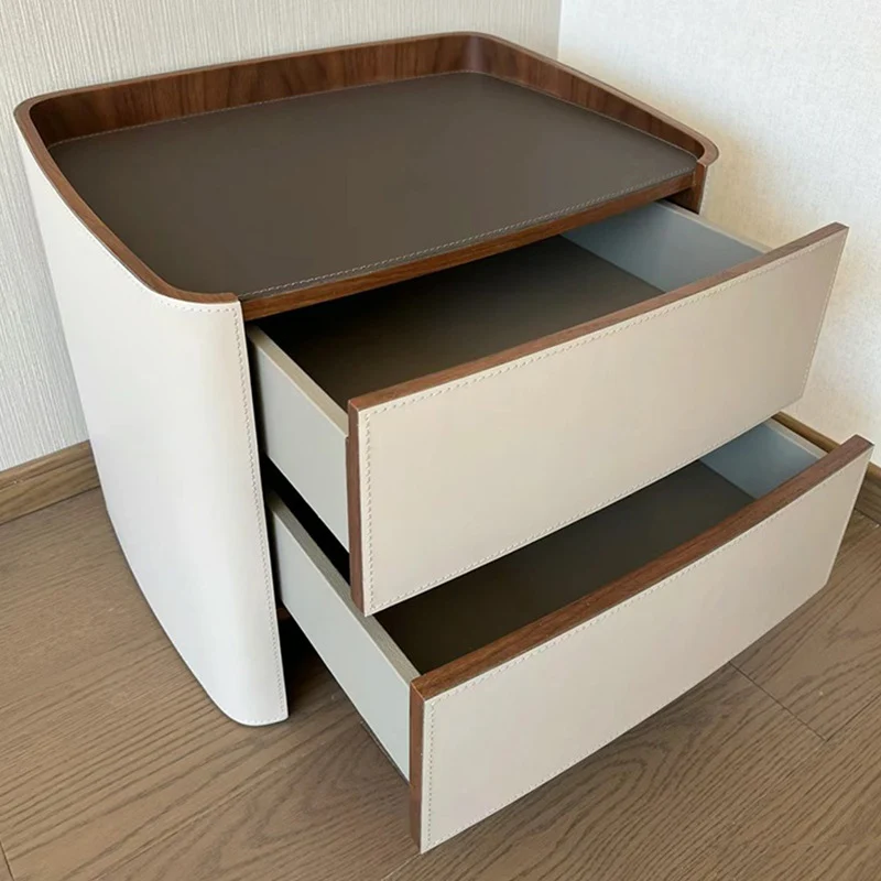 Contemporary Scandinavian Multi-Layer Plywood Saddle-Style Faux Leather Hardware Rounded Square Nightstand With 2 Drawers For Bedroom