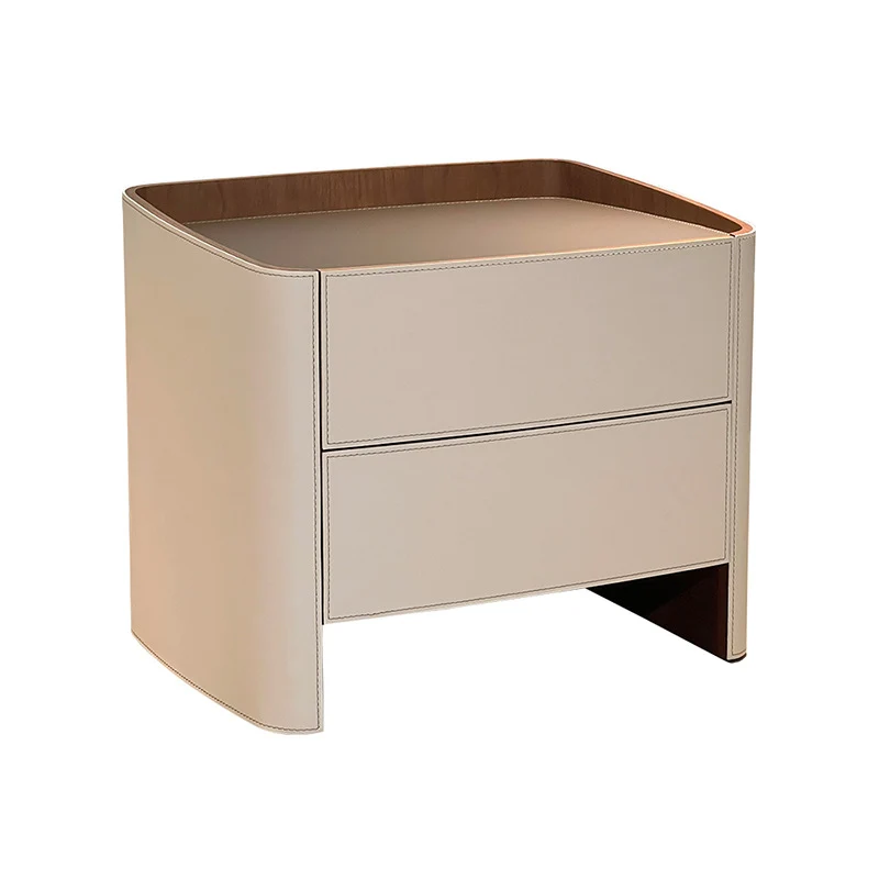 Contemporary Scandinavian Multi-Layer Plywood Saddle-Style Faux Leather Hardware Rounded Square Nightstand With 2 Drawers For Bedroom