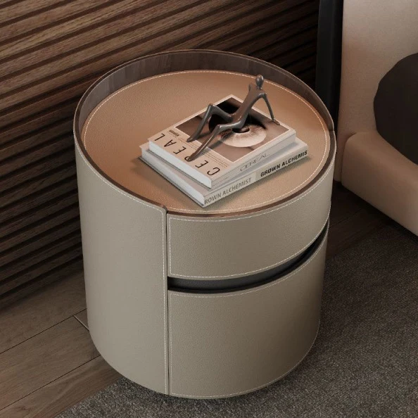 Traditional Vintage Saddle-Style Faux Leather Solid Wood Round Cylinder Nightstand With 2 Drawers For Bedroom