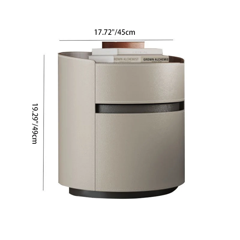 Traditional Vintage Saddle-Style Faux Leather Solid Wood Round Cylinder Nightstand With 2 Drawers For Bedroom