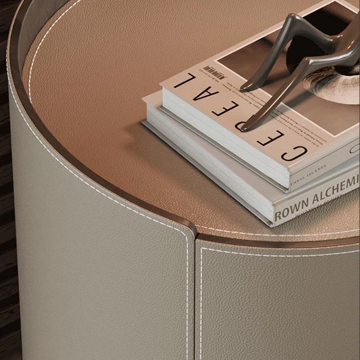 Traditional Vintage Saddle-Style Faux Leather Solid Wood Round Cylinder Nightstand With 2 Drawers For Bedroom