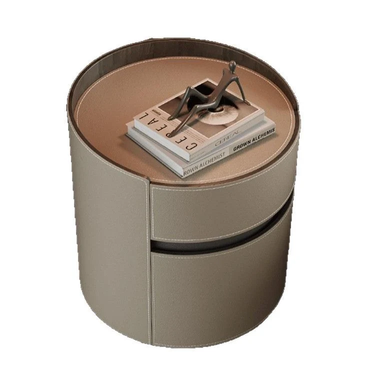 Traditional Vintage Saddle-Style Faux Leather Solid Wood Round Cylinder Nightstand With 2 Drawers For Bedroom