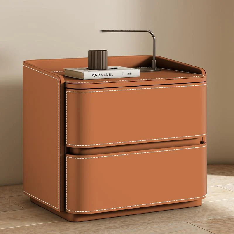 Contemporary Creative Saddle-Style Faux Leather Pine Wood Rounded Square Nightstand With 2 Drawers For Bedroom