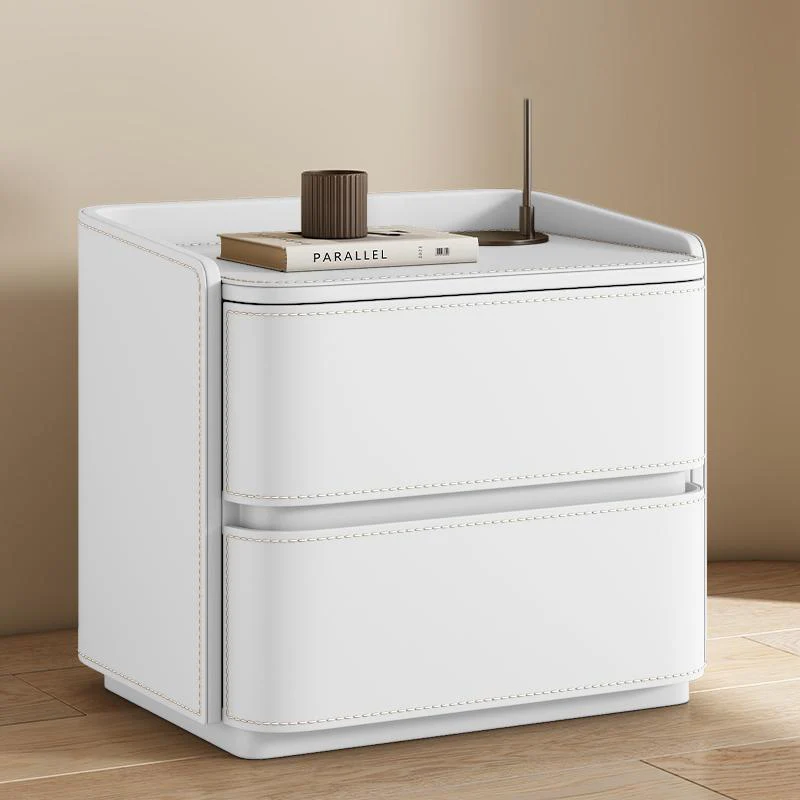 Contemporary Creative Saddle-Style Faux Leather Pine Wood Rounded Square Nightstand With 2 Drawers For Bedroom