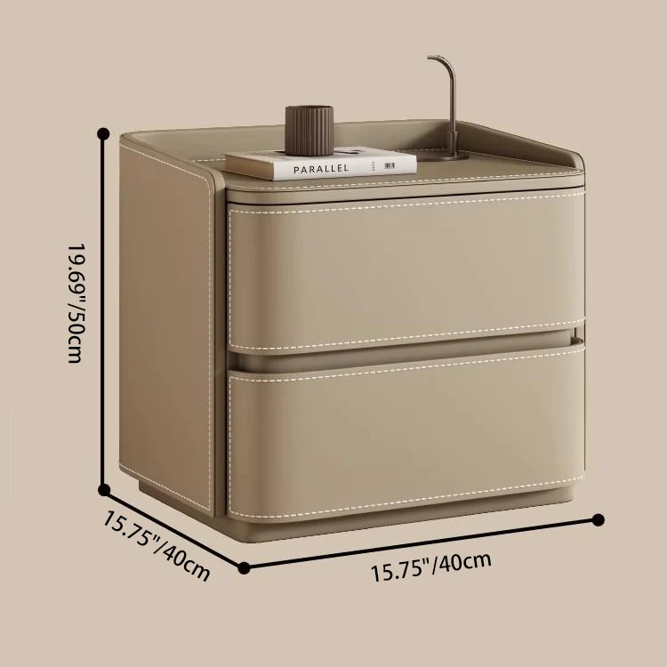 Contemporary Creative Saddle-Style Faux Leather Pine Wood Rounded Square Nightstand With 2 Drawers For Bedroom